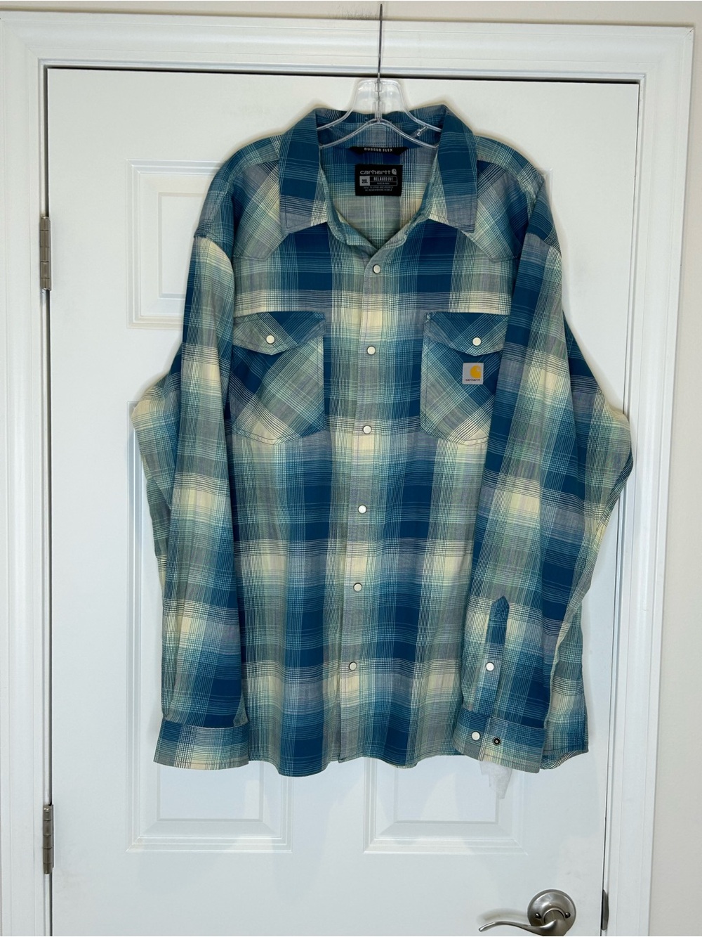 Carhartt Men's Plaid Rugged Flex Relaxed Fit Button-Down Shirt 2XL Pearl Snap